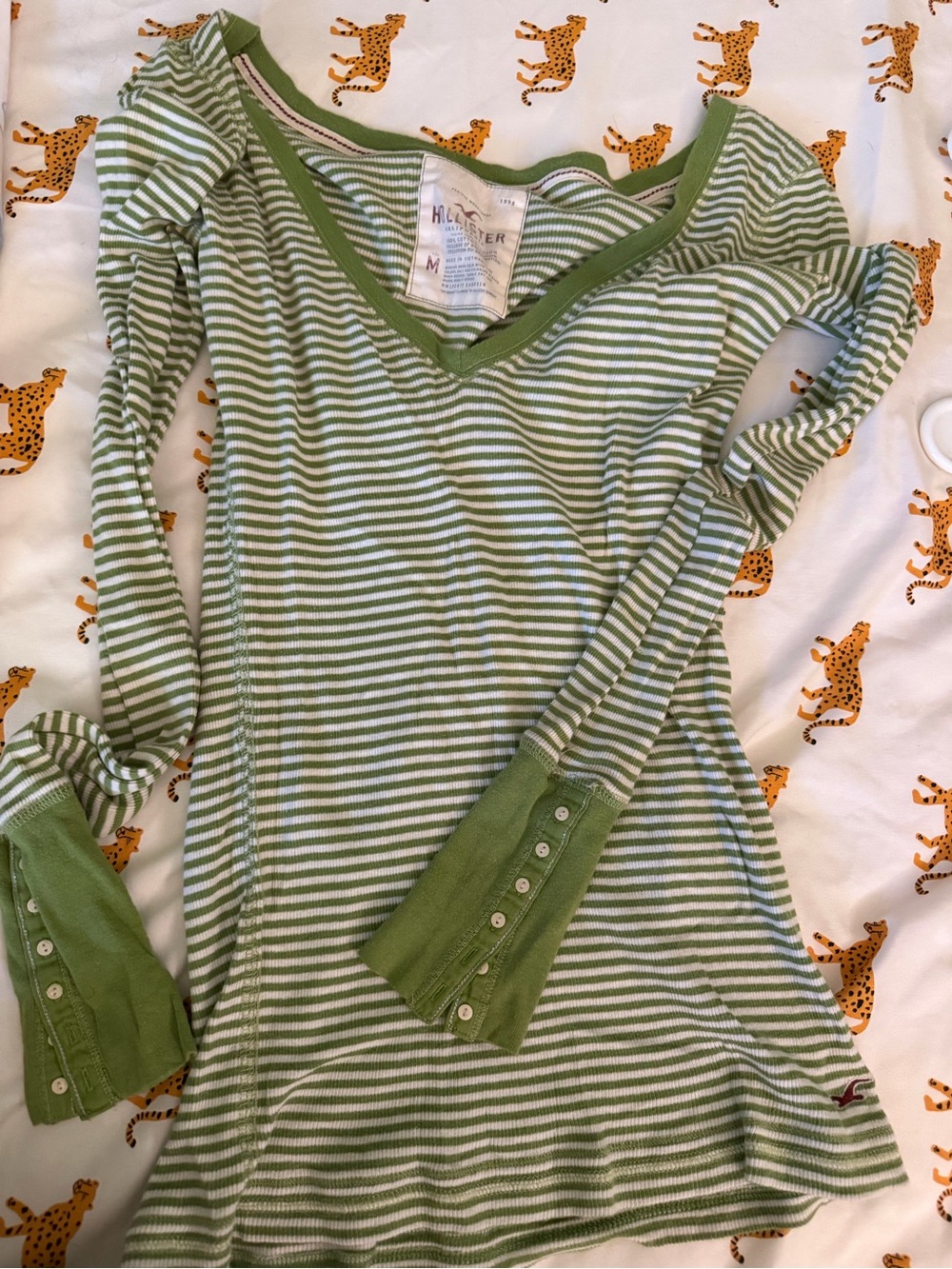 Hollister Green and White Striped V-Neck Long Sleeve Top with small buttons